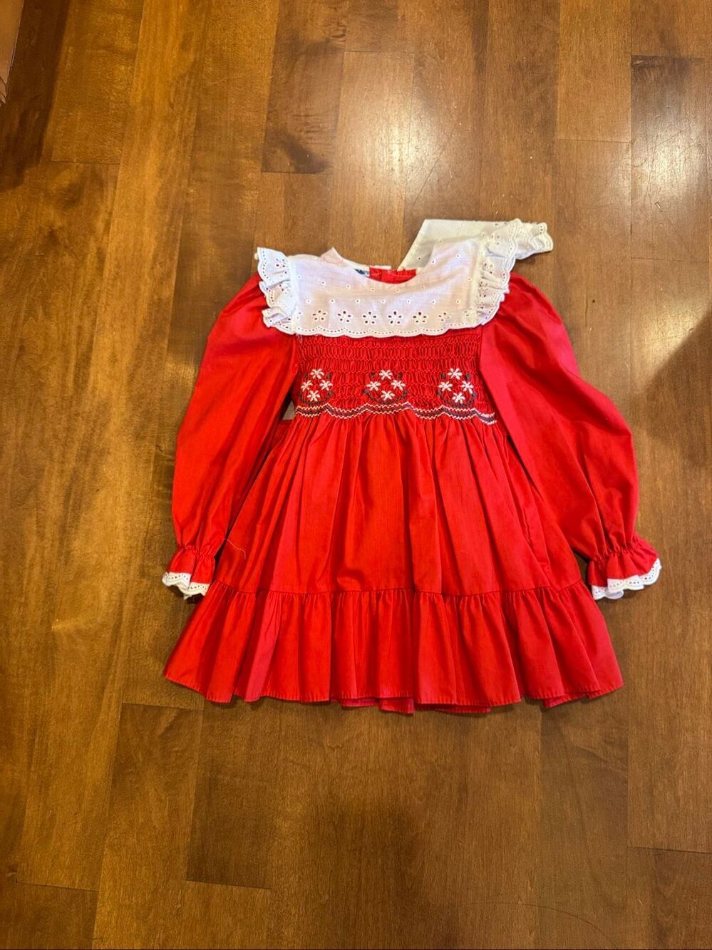 Vintage 1990s Polly Flinders Red Smocked Christmas Dress Toddler Size 2